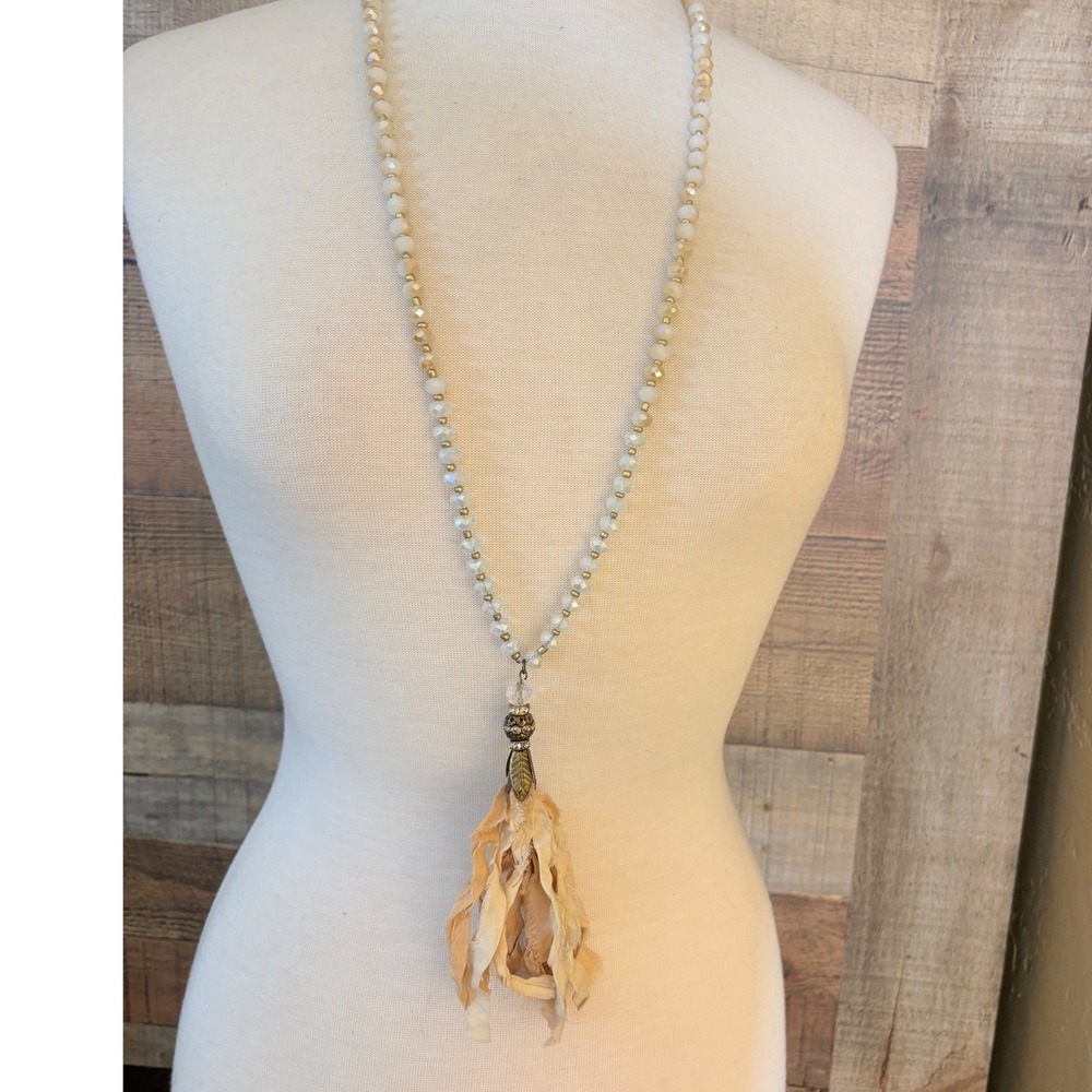 Boho Long Faceted Glass Bead Necklace Peach Iridescent Fabric Tassel